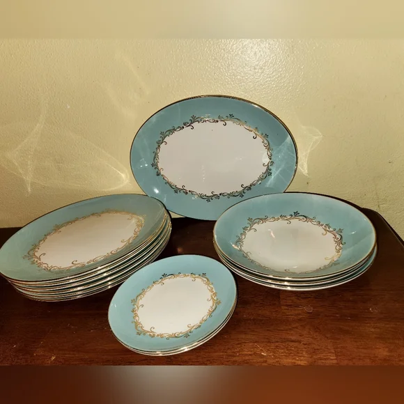 Vintage Lifetime Wedding China Co. Semi-Vitreous Gold Turquoise Crown Set